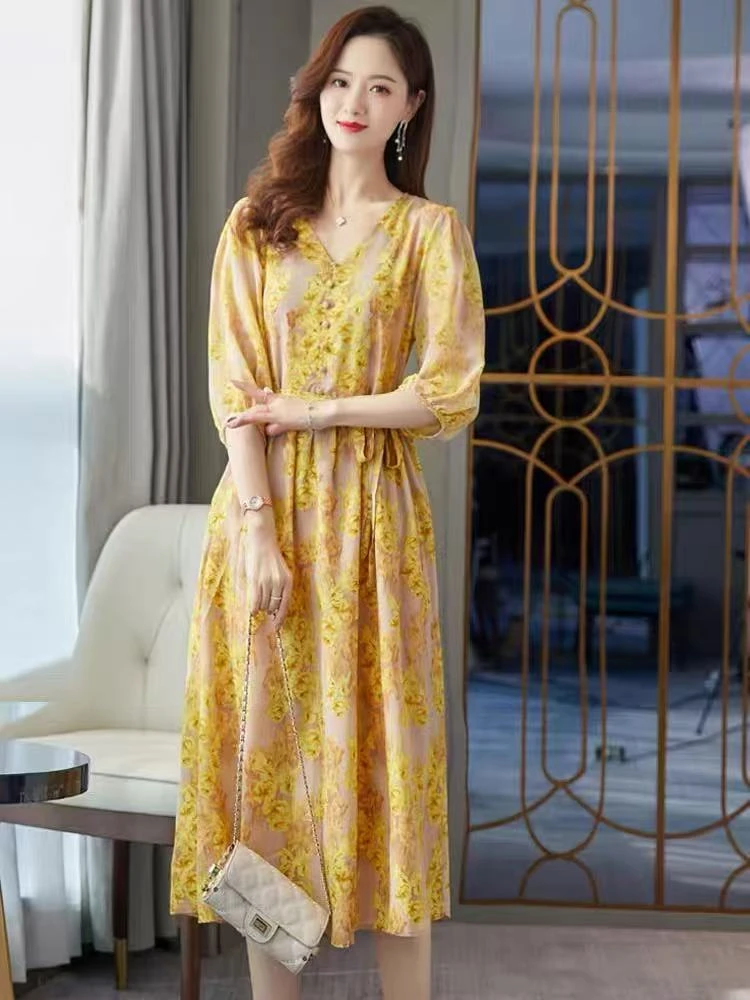 茉莉黄 碎花高定连衣裙显瘦气质高腰收腰桑蚕丝裙
