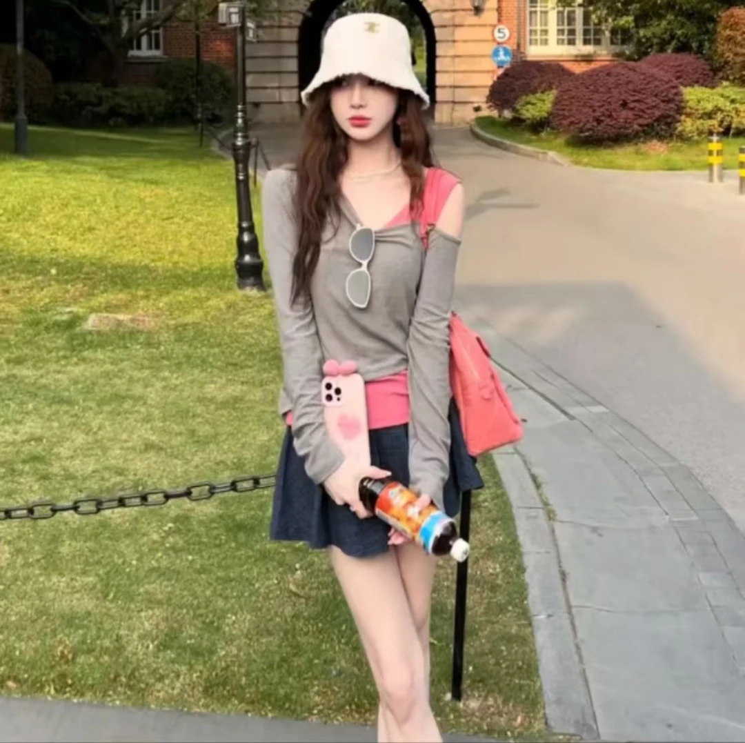 韩版时尚百搭显瘦拼色设计假两件长袖针织T恤+格纹牛仔半身裙套装