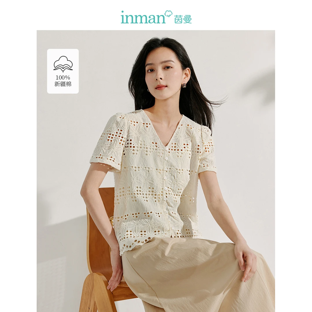 【商场同款】茵曼法式镂空刺绣衬衣女2025年夏季新款纯棉短袖衬衫