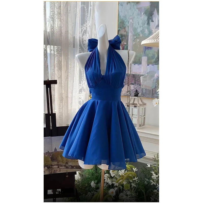 无袖挂脖蝴蝶结系带连衣裙女夏季新款多巴胺法式独特漂亮掐腰裙女