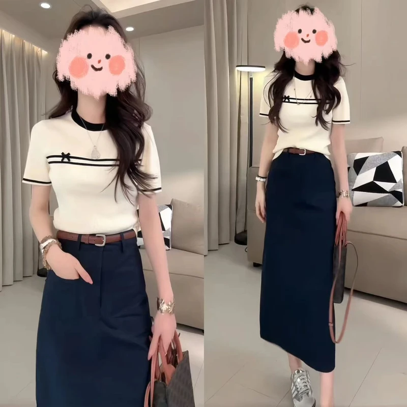 洋气休闲装2025夏季撞色短袖针织上衣T恤百搭半身裙显瘦气质套装