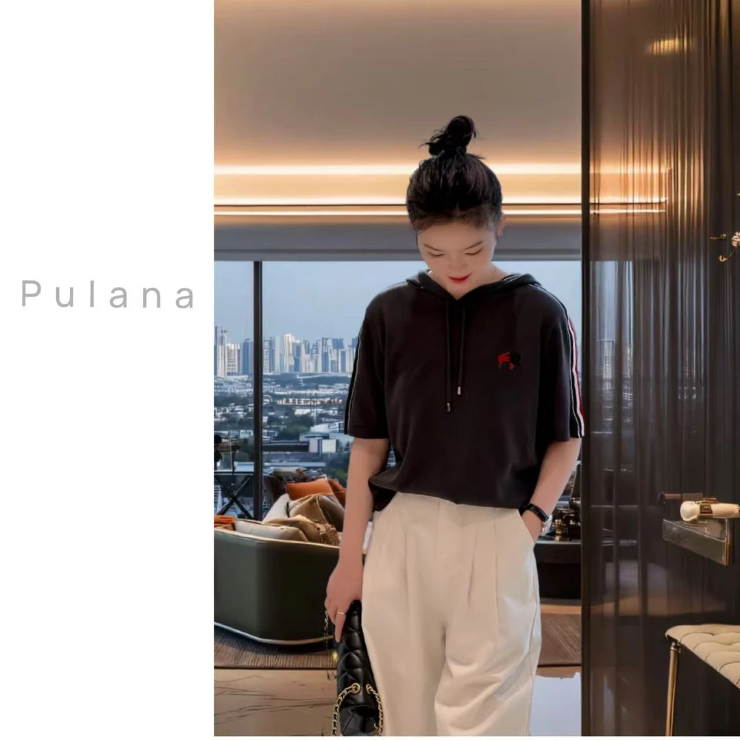 735原创设计夏季新款女装韩版短袖抽绳连帽T恤女休闲上衣