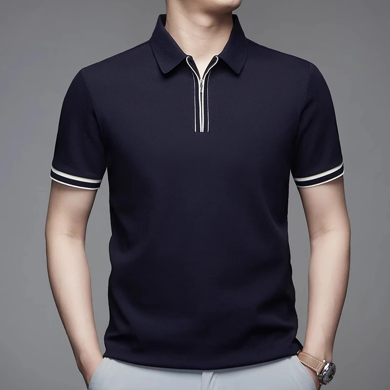 意式POLO衫男士短袖T恤高端翻领拉链纯色上衣夏季商务休闲半袖装