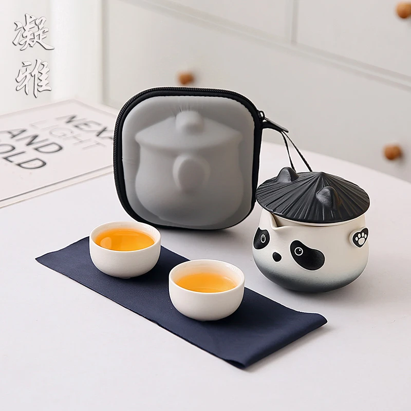 国潮熊猫泡茶壶茶具套装便携式一壶二杯创意户外陶瓷茶壶茶杯送礼