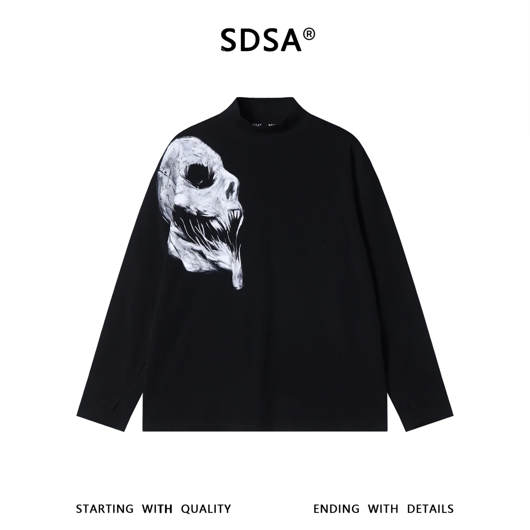SDSA男士秋冬新款痞帅男装美式嘻哈骷颅头印花立领长袖T恤百搭