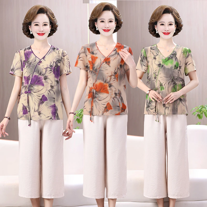 2025新款中年妈妈简约夏装洋气花色套装中老年女短袖阔腿裤两件套