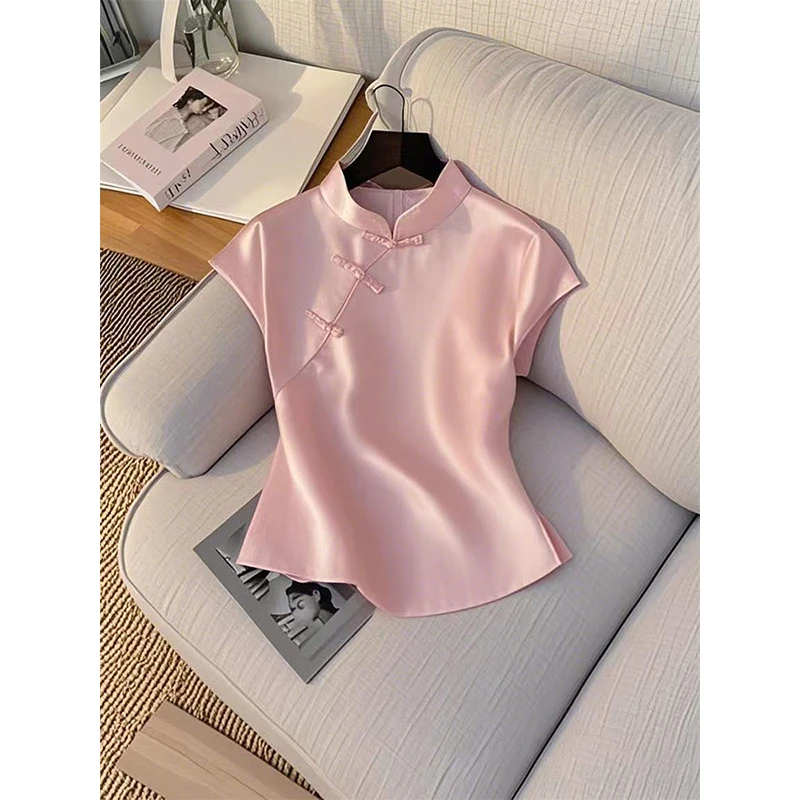 2025夏季新款新中式国风显瘦气质修身洋气立领减龄时尚短袖上衣女