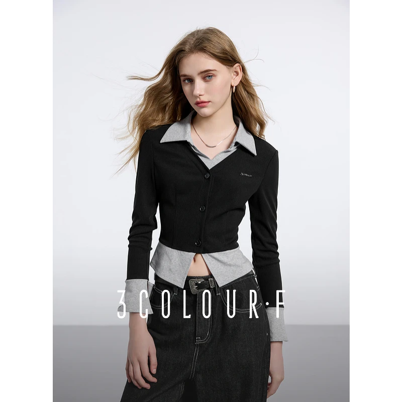 三彩独醒2025春季新款假两件T恤翻领拼接上衣开叉短款修身休闲女F