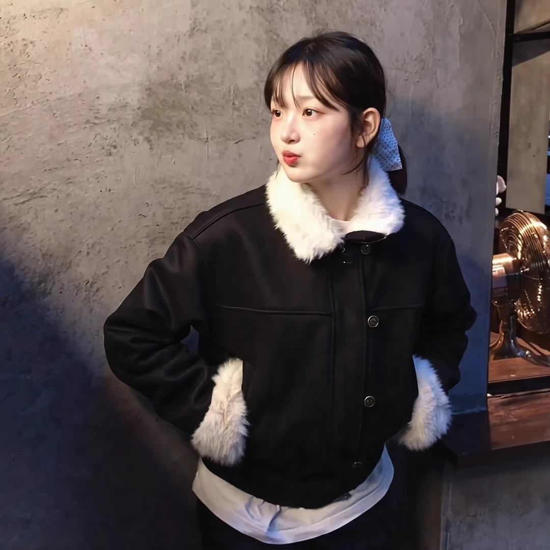 2025新款黑色加厚皮毛一体毛毛保暖夹克外套女冬季小个子短款上衣
