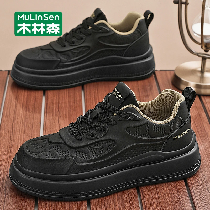 木林森男士高端休闲鞋秋冬2025新款黑色厚底增高板鞋运动轻奢潮鞋