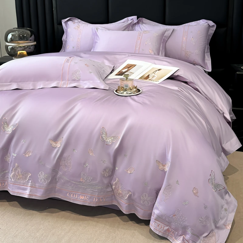 A类母婴级200支长绒棉四件套全棉纯棉纯色高档轻奢刺绣柔软