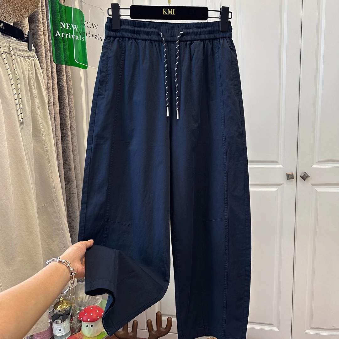 梧桐裤欧洲站松紧腰天丝棉抽绳休闲九分裤女弯刀裤宽松时尚百搭夏