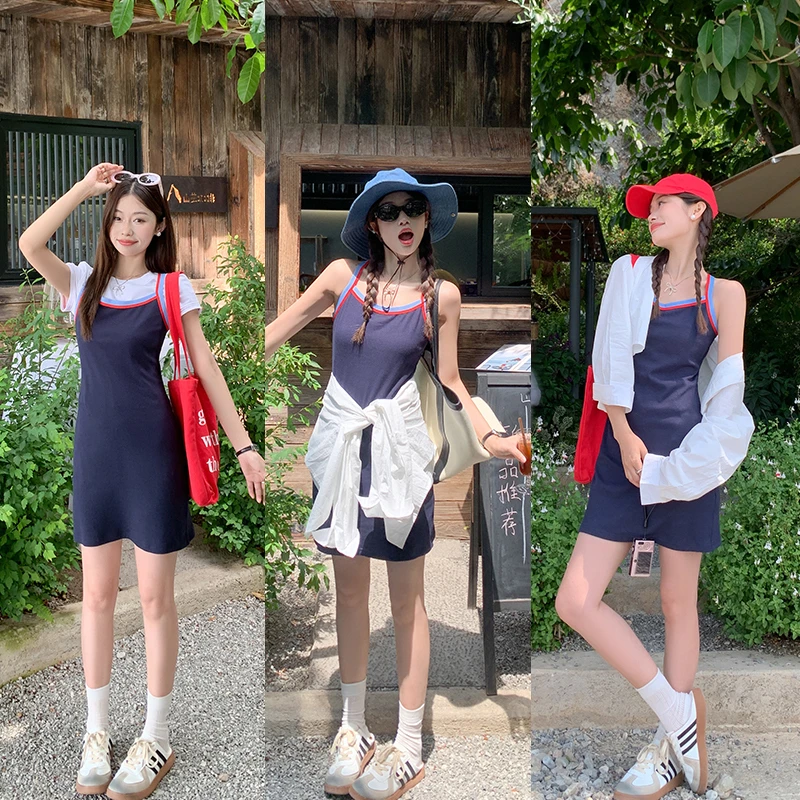 曾小咸 韩系甜美范 韩版藏青色无袖吊带短裙女连衣裙Z242LH1584