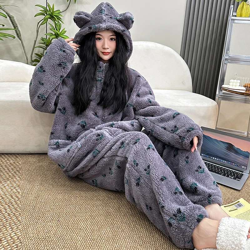 冬季睡衣女款珊瑚绒加肥加大码200斤胖mm连帽加绒保暖家居服套装