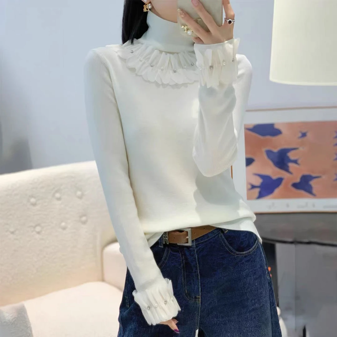 2025秋冬新款法式浪漫风荷叶边高领毛衣女洋气羊毛针织打底衫内搭