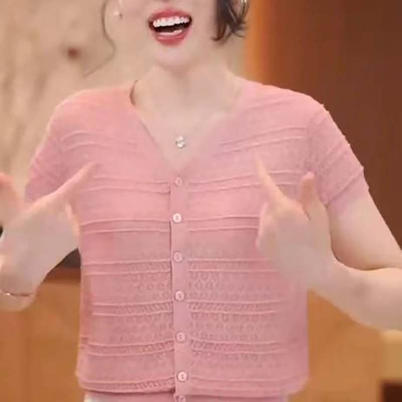 夏季新款V领冰丝针织开衫女宽松休闲百搭显瘦上衣薄款t恤洋气小衫