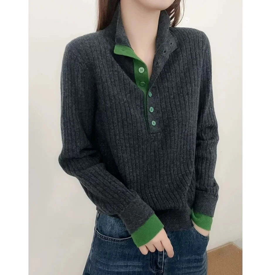 2025冬季新款半高领假两件袖口撞色针织衫百搭打底毛衣女