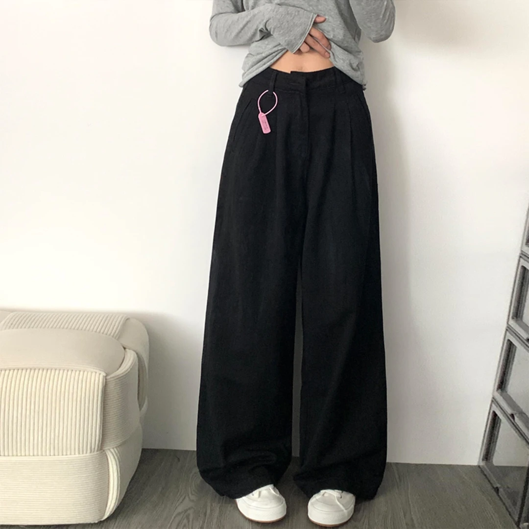 天丝牛仔西装裤女夏季薄款高级感垂感阔腿裤直筒拖地黑色棉麻裤子