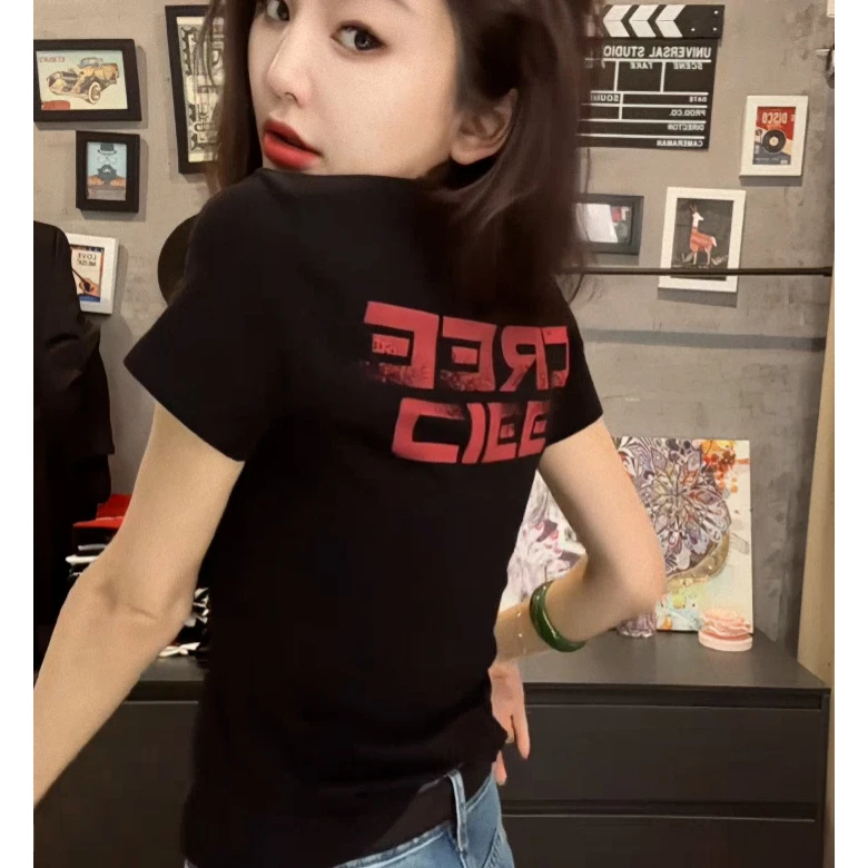 美式正肩显瘦字母印花短袖t恤女装夏季新款时尚百搭气质修身上衣