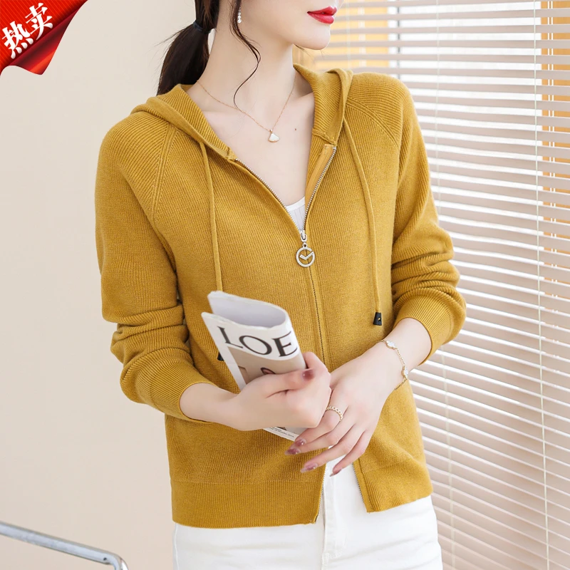 【原版正品】羊毛衫女休闲连帽毛衣外套双拉链时尚外搭上衣针织开衫