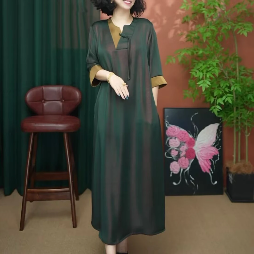 高端夏季新款气质连衣裙时尚中长宽松遮肉人丝缎过膝幻彩垂感裙子