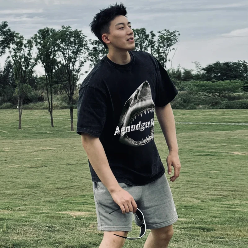 labzaa美式ins潮牌创意鲨鱼字母印花短袖t恤男女夏季休闲纯棉上衣