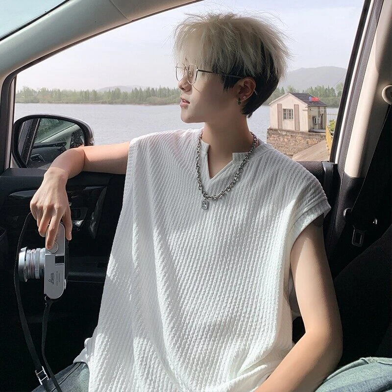 美式肌理凉感V领背心男款潮流痞帅风夏季无袖t恤健身运动坎肩汗衫