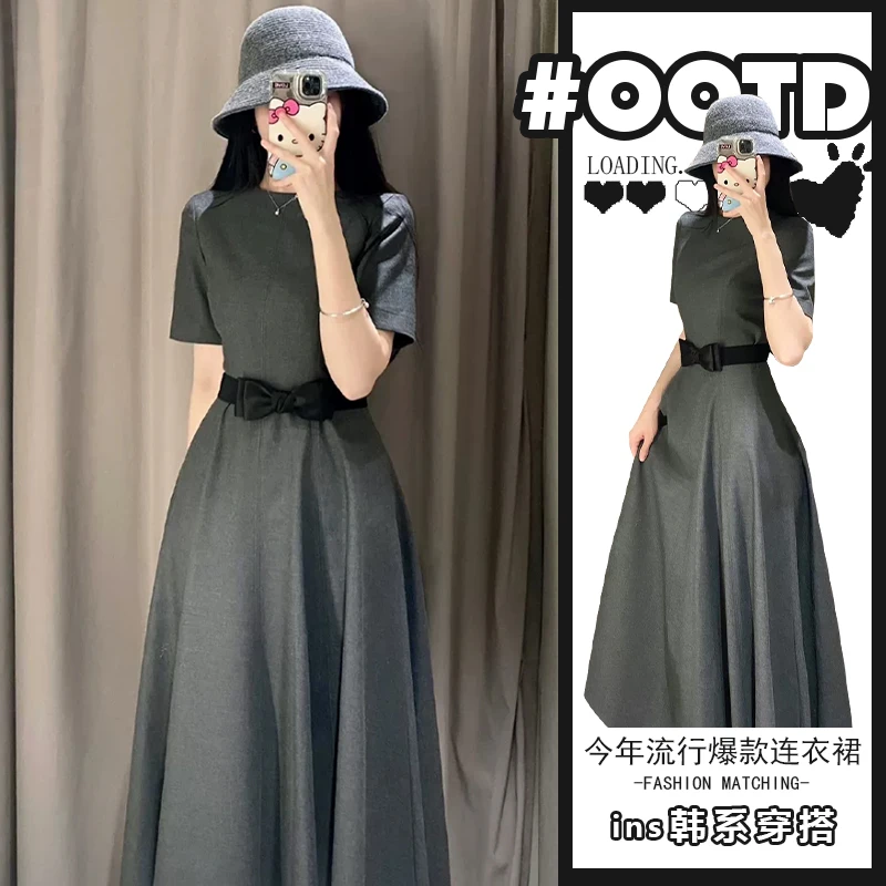 高级感灰色a字连衣裙女夏季2025新款小个子复古气质收腰显瘦长裙