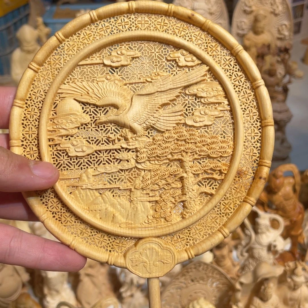 黄杨木大展鸿图扇子