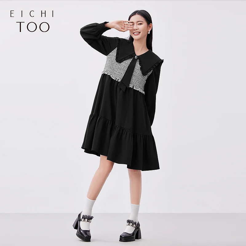 爱居兔黑白撞色小香风拼接设计连衣裙EQLCJ1N003A