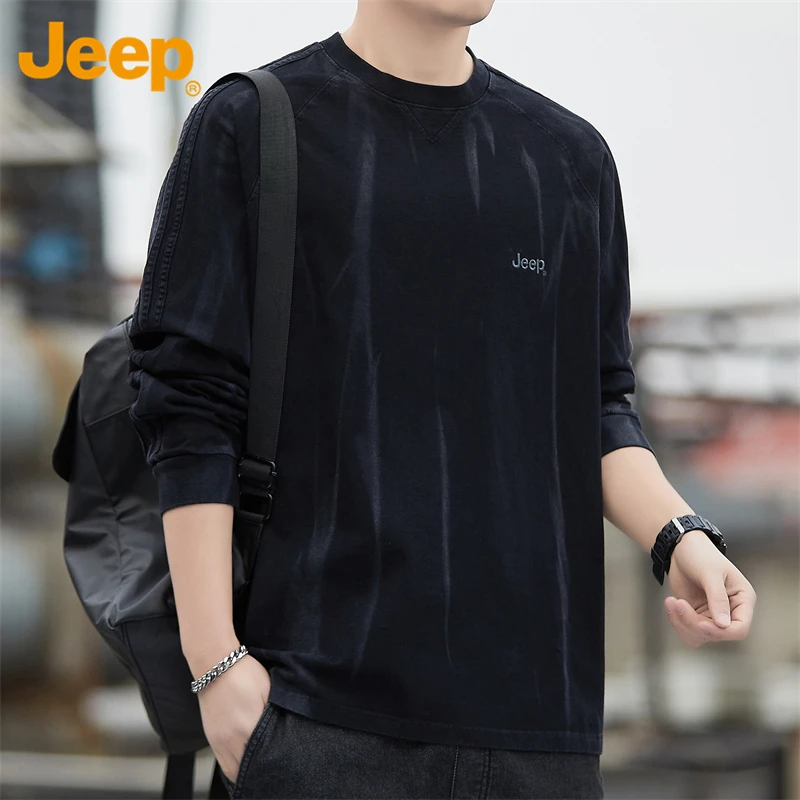 Jeep吉普纯棉圆领长袖t恤男士打底衫春秋季宽松休闲内搭上衣服