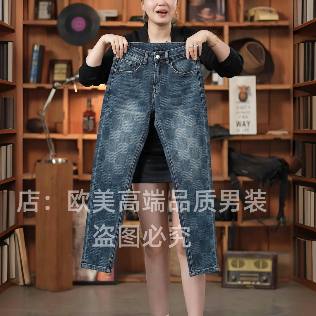 秋冬季高端美式复古做旧格子撞色拼接男士牛仔裤修身弹力休闲潮牌