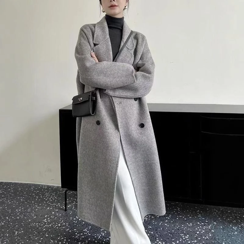 灰色毛呢大衣女2025秋冬中长款韩系宽松高端毛呢外套羊绒时尚加厚