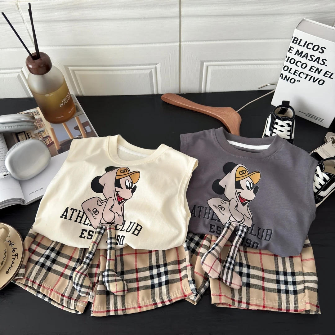 儿童夏季背心套装2025新款宽松无袖T恤短裤两件套男女童简约夏装