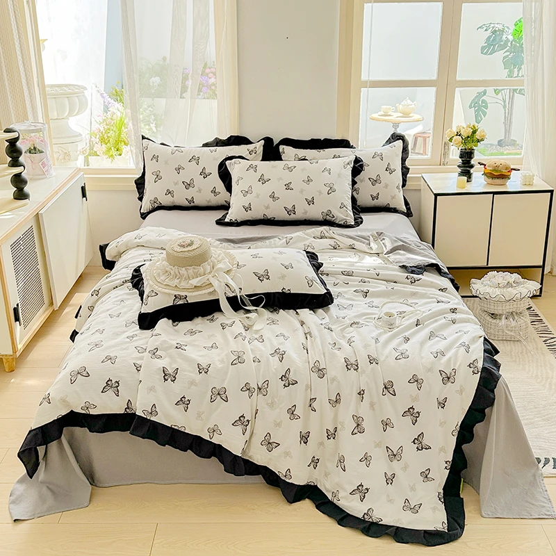 【莫奈】爆款法式赫本风水洗棉韩版荷叶花边亲肤夏被夏凉被四件套