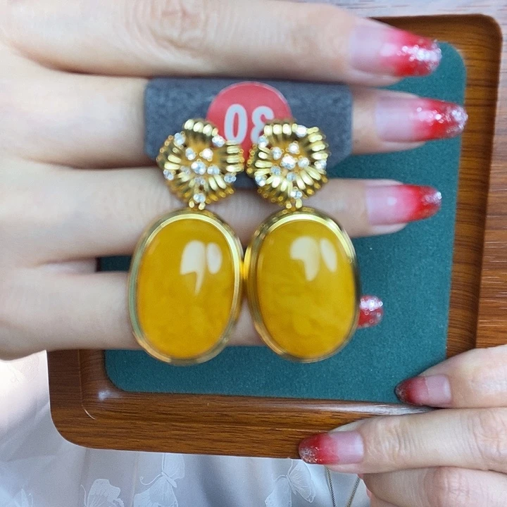 银S925镶嵌蜜蜡耳饰耳环