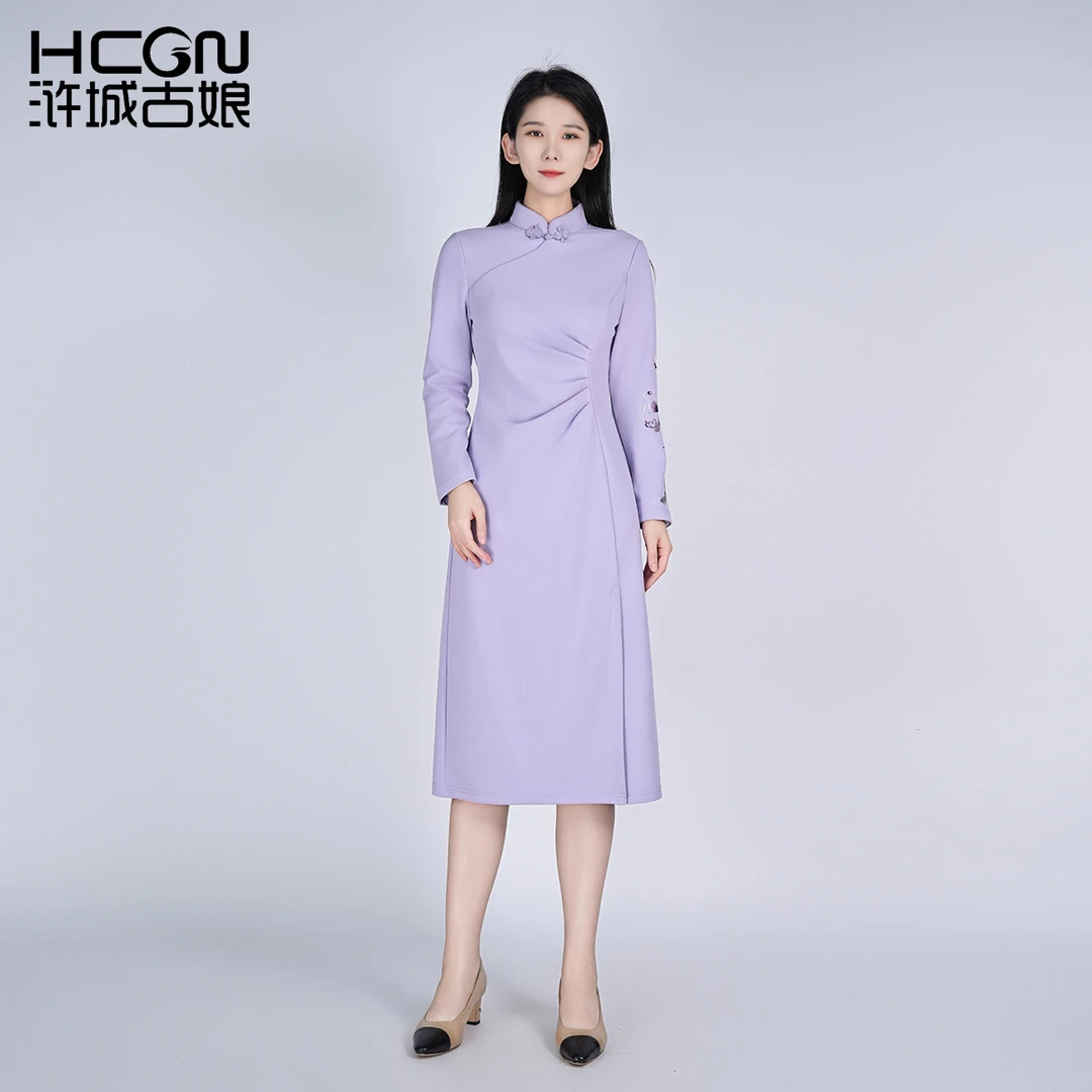 hcgn国风刺绣显瘦立领长袖百搭气质通勤瑶芳旗袍连衣裙HASS010071