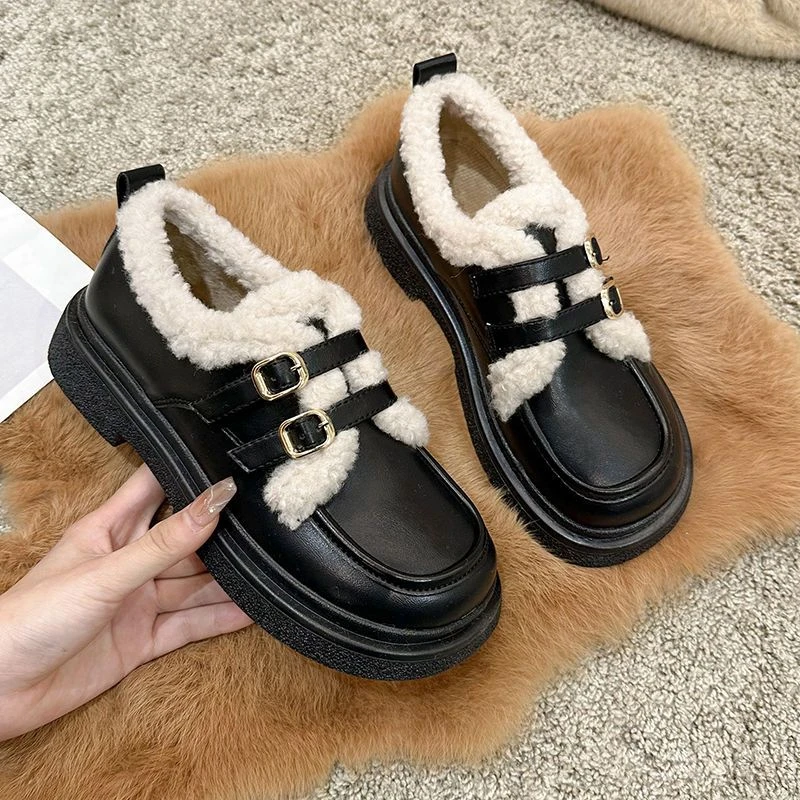 学院风复古港风休闲乐福鞋纯色棉鞋复古百搭