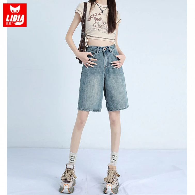 浅色五分牛仔短裤女款爆款2025新款夏季薄款高腰显瘦休闲阔腿中裤