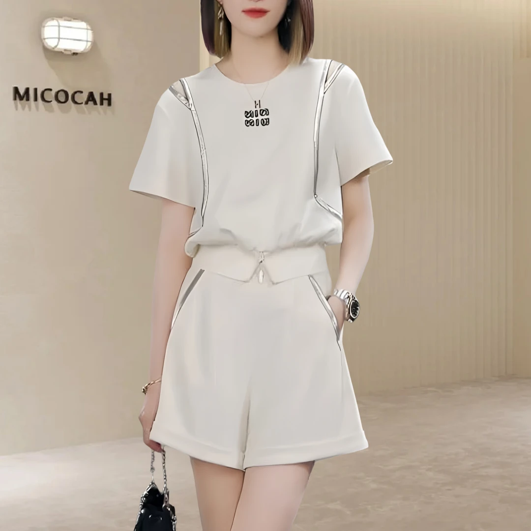 时尚洋气休闲露肩短袖短裤两件套宽松显瘦2025新款夏季运动套装女