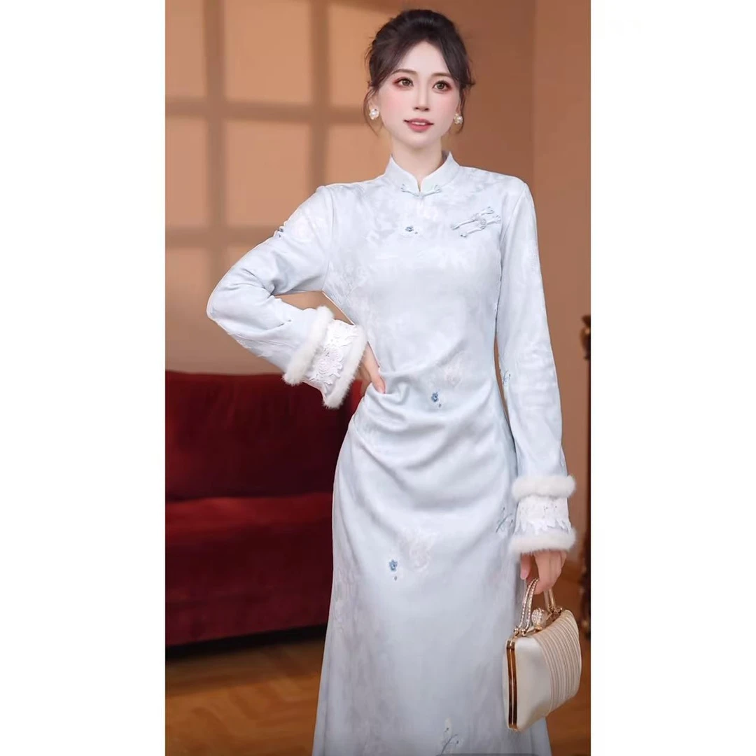 【瑞瑞定制】【加绒加厚】旗袍气质清冷长袖显瘦连衣裙秋冬长裙D4567