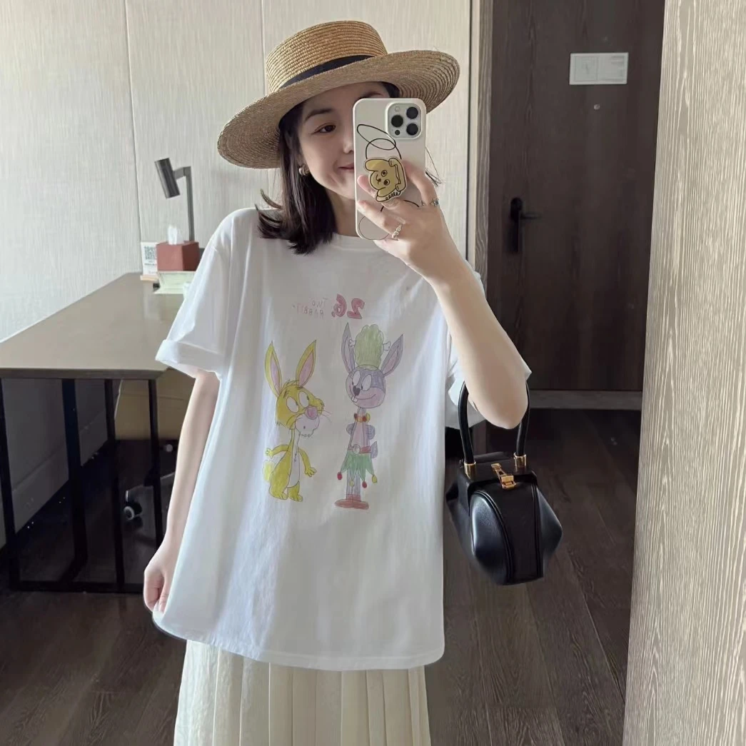 2025夏季纯棉短袖t恤女胖mm重磅纯棉t恤宽松学生圆领遮肉休闲上衣