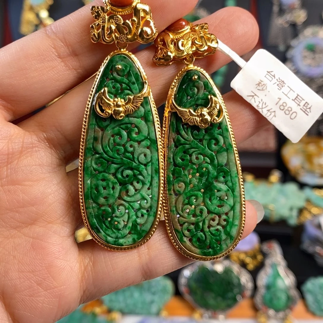 翡翠耳饰银S925镀金镶嵌绣****化