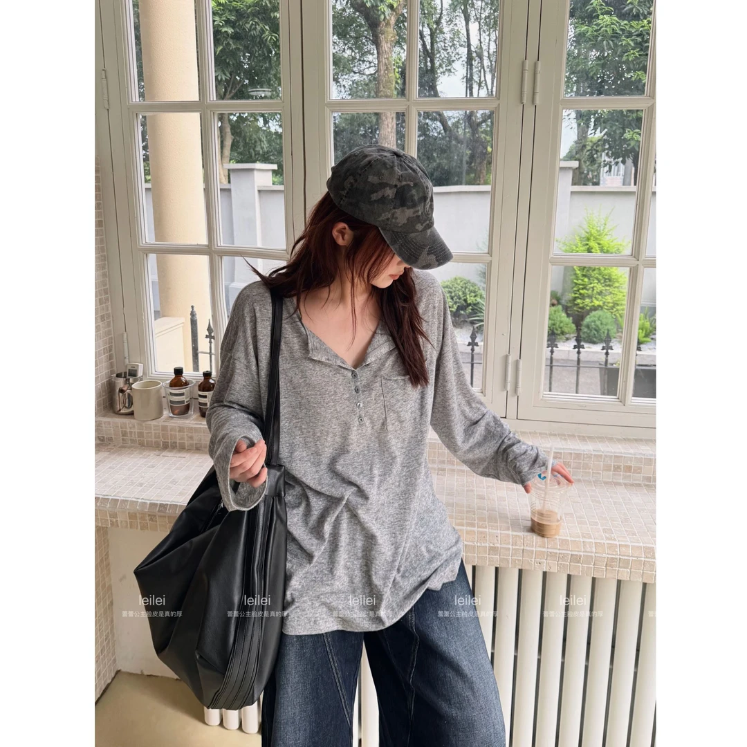 晶咕【舒适旋律】慵懒感轻薄圆领口袋长袖T恤上衣