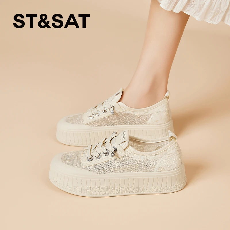 星期六蕾丝透气板鞋女士2025新款夏季网面休闲鞋运动厚底轻便女鞋