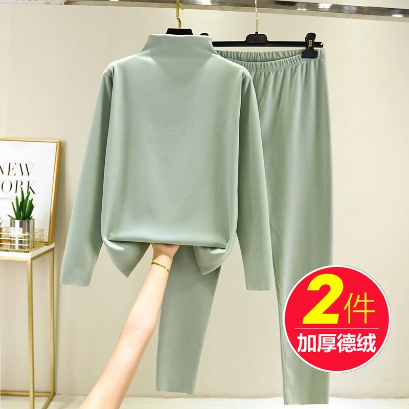 秋冬加绒保暖套装内衣女德绒发热内穿特厚无痕打底秋衣秋裤两件套