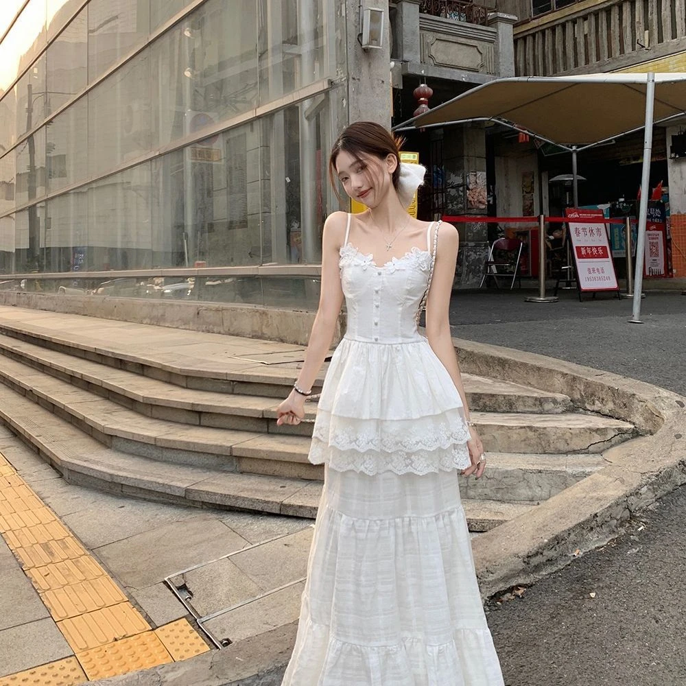 【西西里漫花】设计感白色吊带连衣裙夏季裙子/半身裙套装