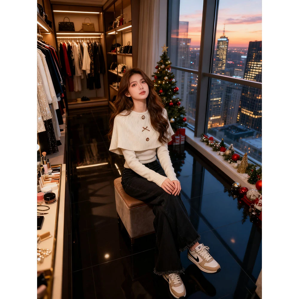 新款冬季法式温柔风蝴蝶结装饰针织衫毛衣女毛边黑色牛仔裤套装