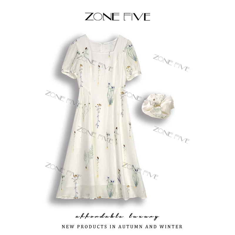 【zonefive】墨香繁花气质连衣裙2025年夏季新款温柔方领字长裙女