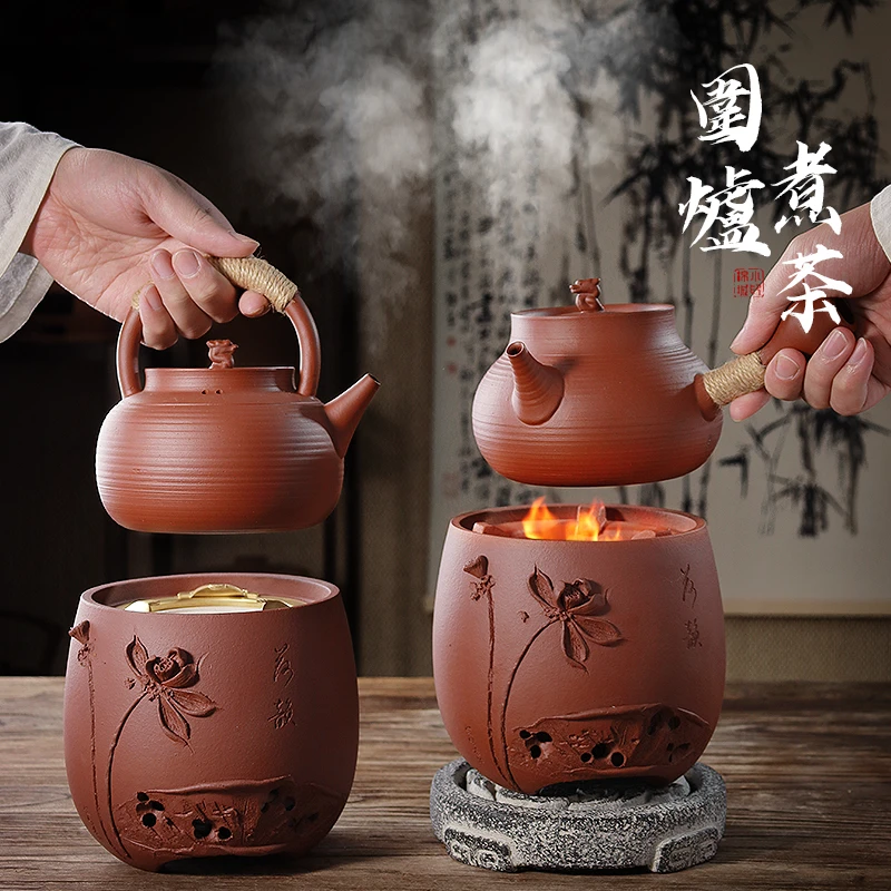 棉小城手工浮雕红泥炭炉荷韵煮茶炉碳电两用潮州砂铫壶玉书煨煮水